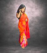 Alloy Orange Handcrafted Cotten Batik Saree with Flowers  Design - Image 3