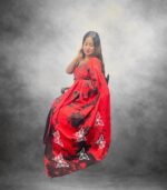 Red Handcrafted Cotten Batik Saree with Butterfly Design - Image 2