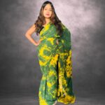 Olive Green & Golden Yellow Handcrafted Cotten Batik Saree with Butterfly Design