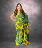 Olive Green & Golden Yellow Handcrafted Cotten Batik Saree with Butterfly Design