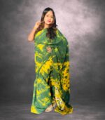 Olive Green & Golden Yellow Handcrafted Cotten Batik Saree with Butterfly Design - Image 2