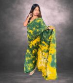 Olive Green & Golden Yellow Handcrafted Cotten Batik Saree with Butterfly Design - Image 3