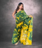 Olive Green & Golden Yellow Handcrafted Cotten Batik Saree with Butterfly Design - Image 4