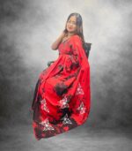Red Handcrafted Cotten Batik Saree with Butterfly Design - Image 3