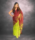 Maroon & Lime Green Handcrafted Cotten Batik Saree with Modern Design - Image 3