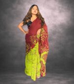 Maroon & Lime Green Handcrafted Cotten Batik Saree with Modern Design - Image 4