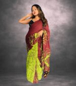 Maroon & Lime Green Handcrafted Cotten Batik Saree with Modern Design - Image 5