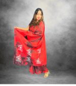 Red Handcrafted Cotten Batik Saree with Butterfly Design - Image 4
