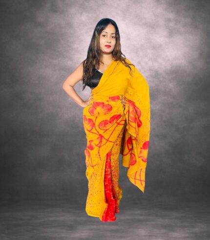 Vibrant Mustard Yellow Designer Batik Saree Handcrafted Cotten Batik Saree with Modern Design