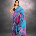 Blue & Pink Handcrafted Cotten Batik Saree with Butterfly Design
