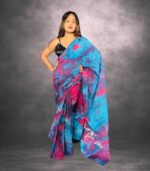 Blue & Pink Handcrafted Cotten Batik Saree with Butterfly Design