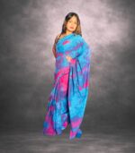 Blue & Pink Handcrafted Cotten Batik Saree with Butterfly Design - Image 3