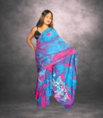 Blue & Pink Handcrafted Cotten Batik Saree with Butterfly Design - Image 2