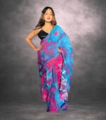 Blue & Pink Handcrafted Cotten Batik Saree with Butterfly Design - Image 4