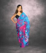 Blue & Pink Handcrafted Cotten Batik Saree with Butterfly Design - Image 5