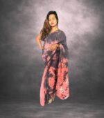 Grey & Peach Pink Handcrafted Cotten Batik Saree with Butterfly Design - Image 2
