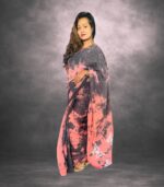Grey & Peach Pink Handcrafted Cotten Batik Saree with Butterfly Design - Image 3
