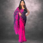Hot Pink & Deep Purple Designer Batik Saree Handcrafted Cotten Batik Saree with Modern Design