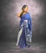 Blue Handcrafted Cotten Batik Saree with Modern Design - Image 3
