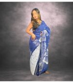 Blue Handcrafted Cotten Batik Saree with Modern Design - Image 5